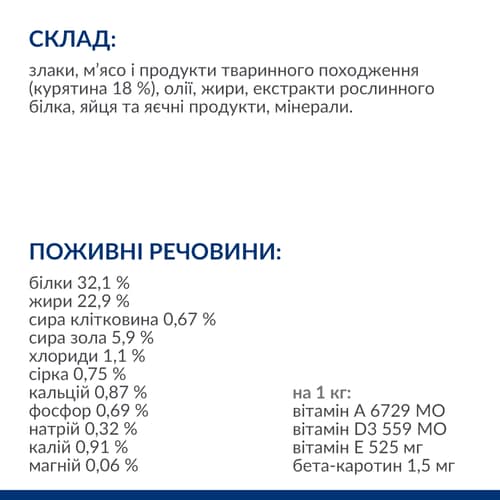 Cухий корм для котів s/d Urinary Care розчинення струвітів, з куркою Склад